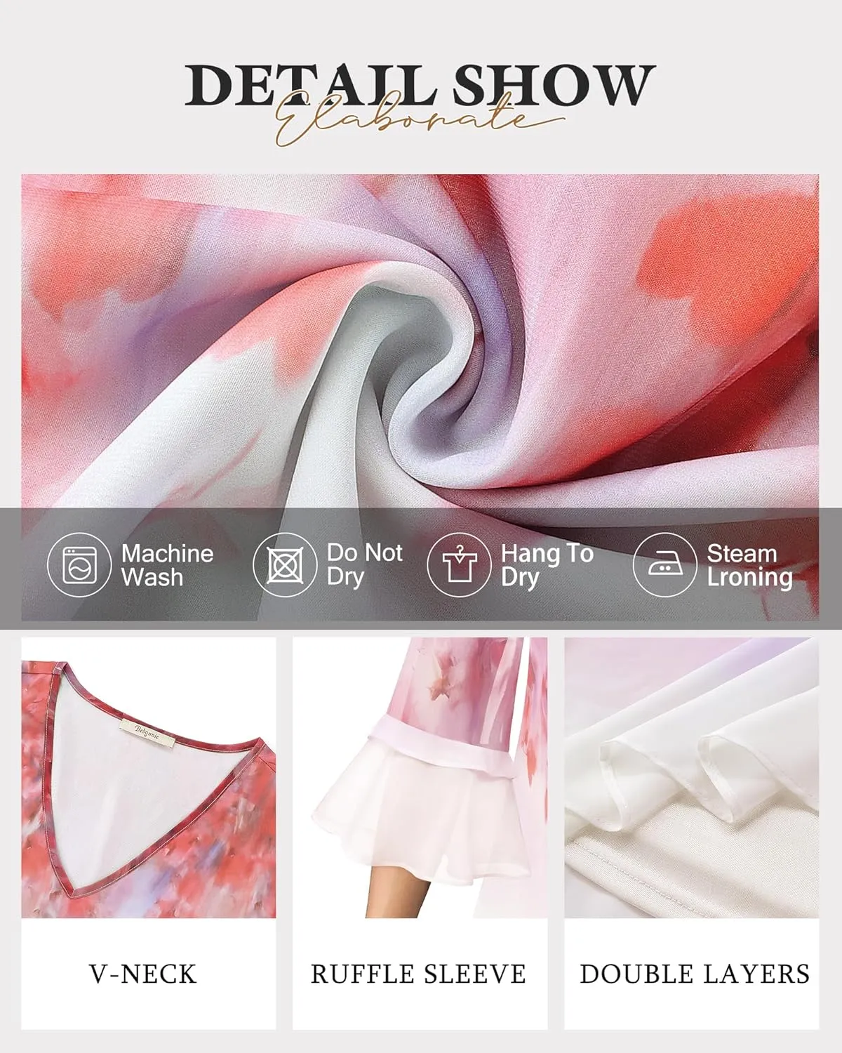 Bebonnie Womens Dressy Casual Tops Ruffle 3/4 Sleeve V Neck Floral Chiffon Blouses