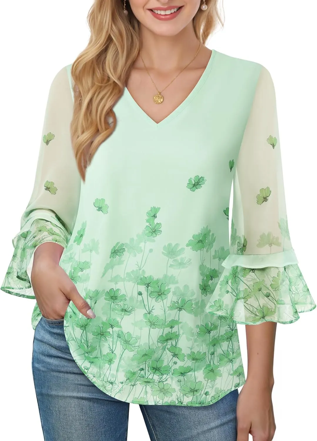 Bebonnie Womens Dressy Casual Tops Ruffle 3/4 Sleeve V Neck Floral Chiffon Blouses