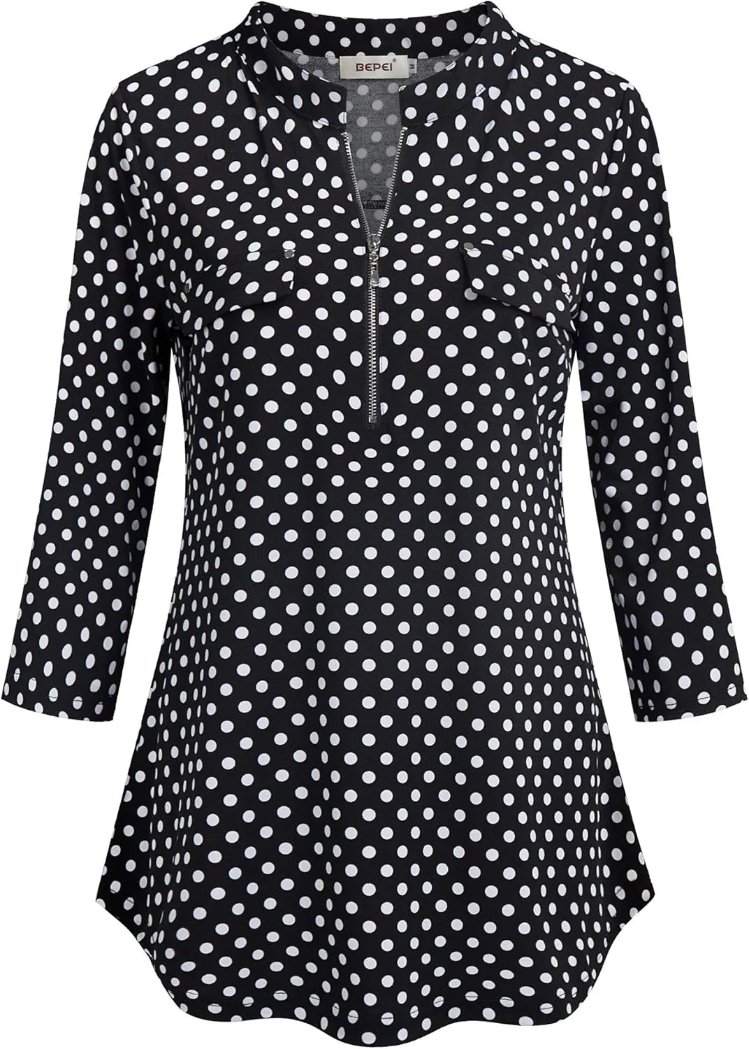 BEPEI Womens Floral 3/4 Sleeve Shirts Zip up V Neck Work Chiffon Blouses Top