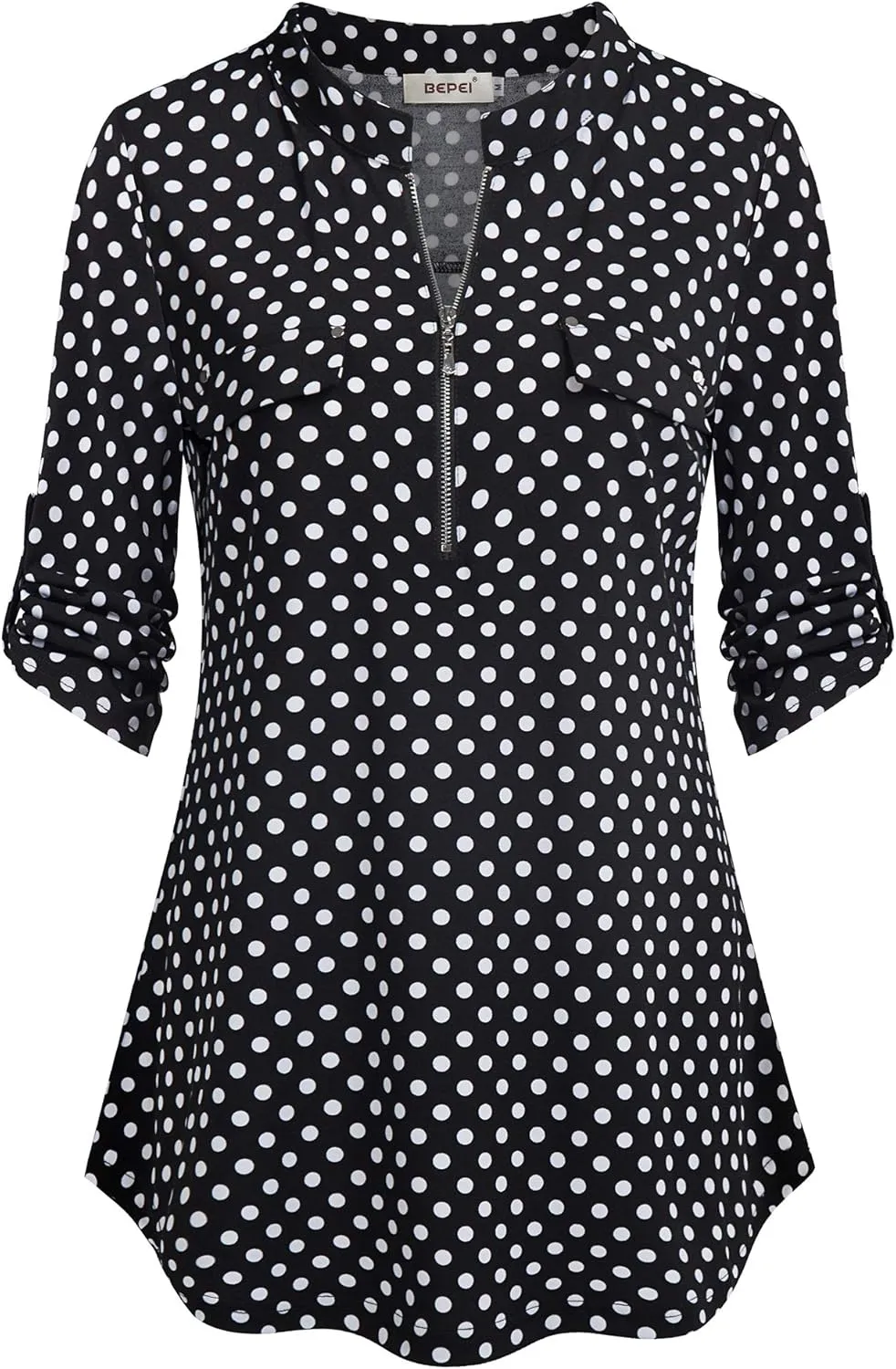 BEPEI Womens Floral 3/4 Sleeve Shirts Zip up V Neck Work Chiffon Blouses Top
