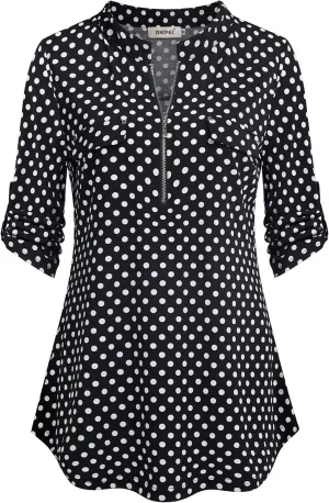 BEPEI Womens Floral 3/4 Sleeve Shirts Zip up V Neck Work Chiffon Blouses Top