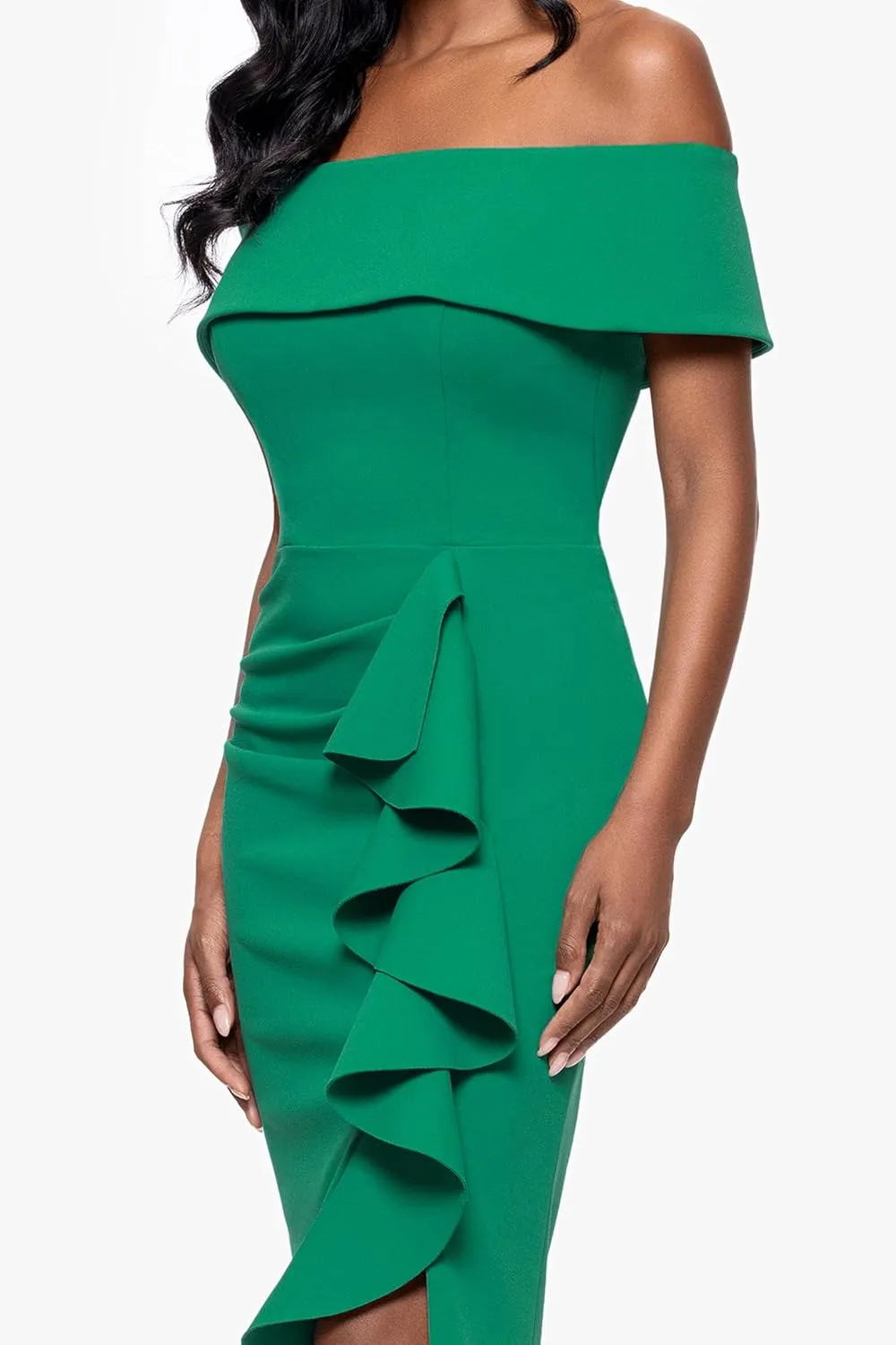 Betsy & Adam Women's Midi-Length, Off-The-Shoulder, Ruffled Detail, with Fitted Silhouette