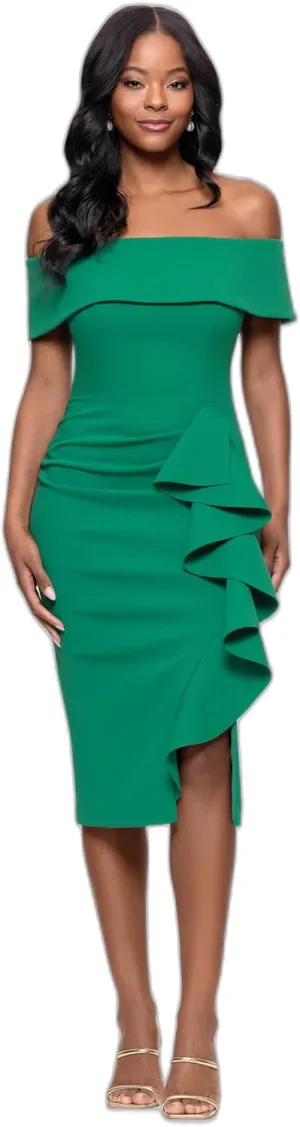 Betsy & Adam Women's Midi-Length, Off-The-Shoulder, Ruffled Detail, with Fitted Silhouette