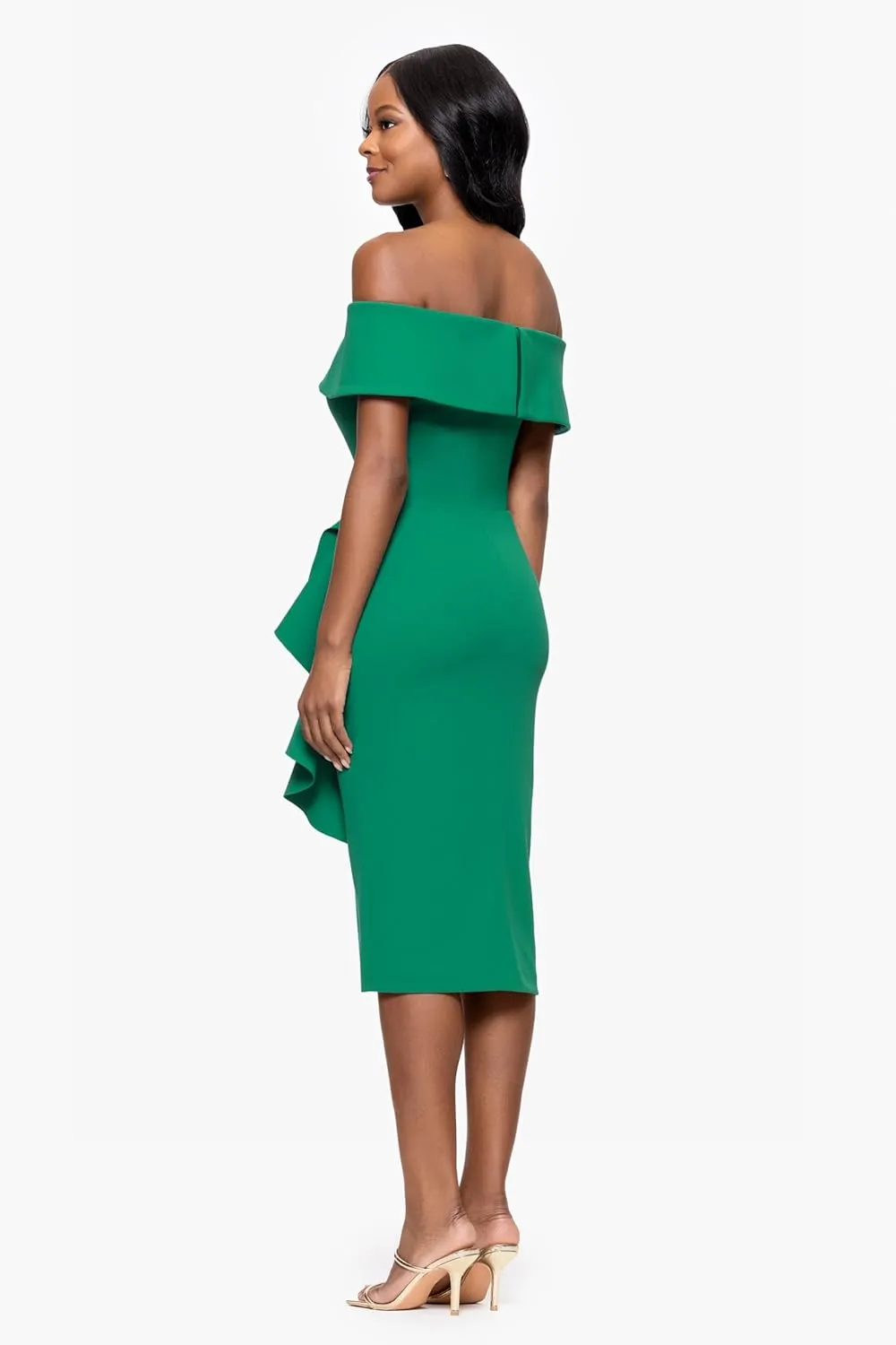 Betsy & Adam Women's Midi-Length, Off-The-Shoulder, Ruffled Detail, with Fitted Silhouette