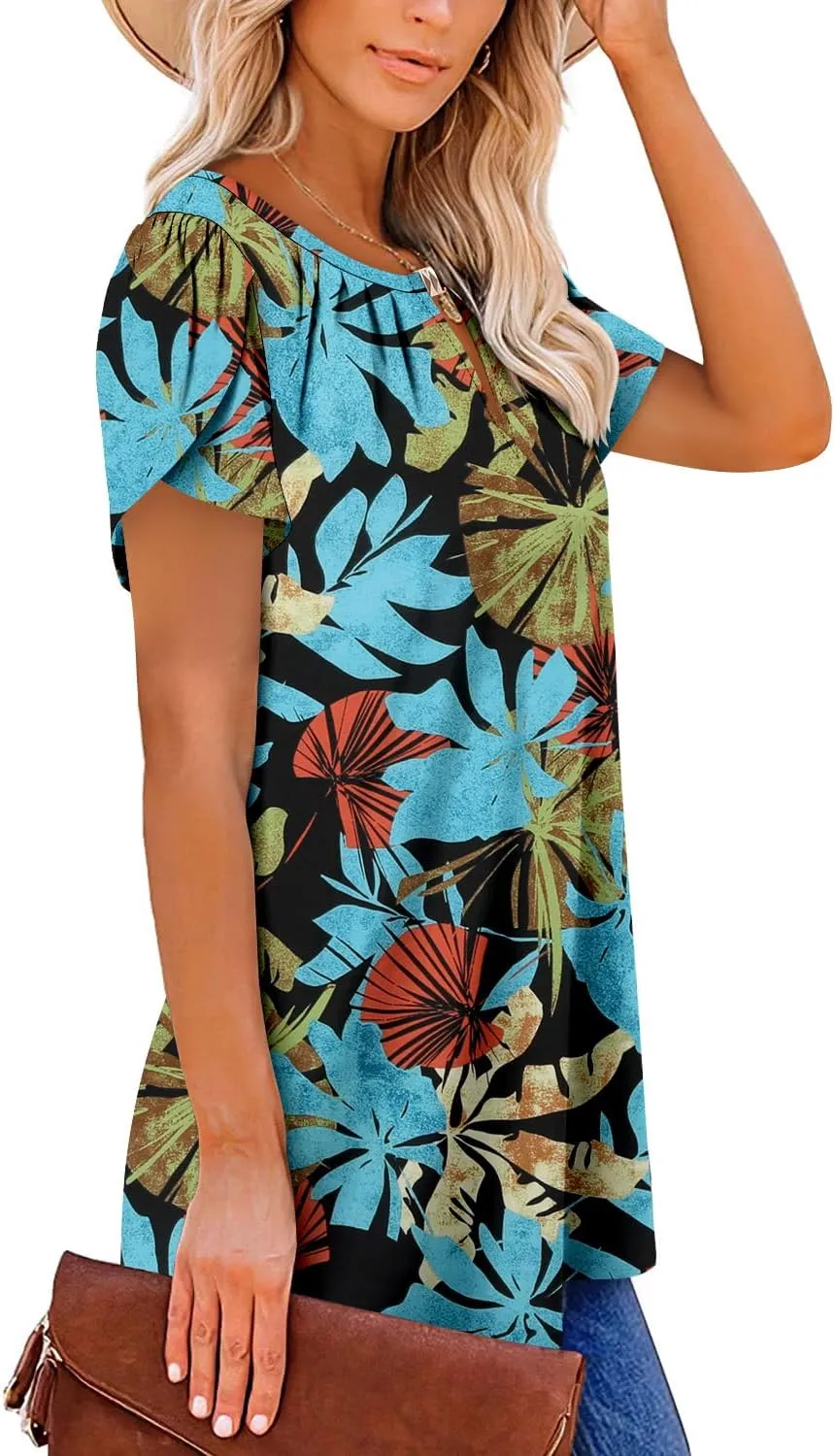 BETTE BOUTIK Womens Crewneck Short Sleeve KeyholeSummer Tunic Tops Pleated Shirts Blouses S-3XL