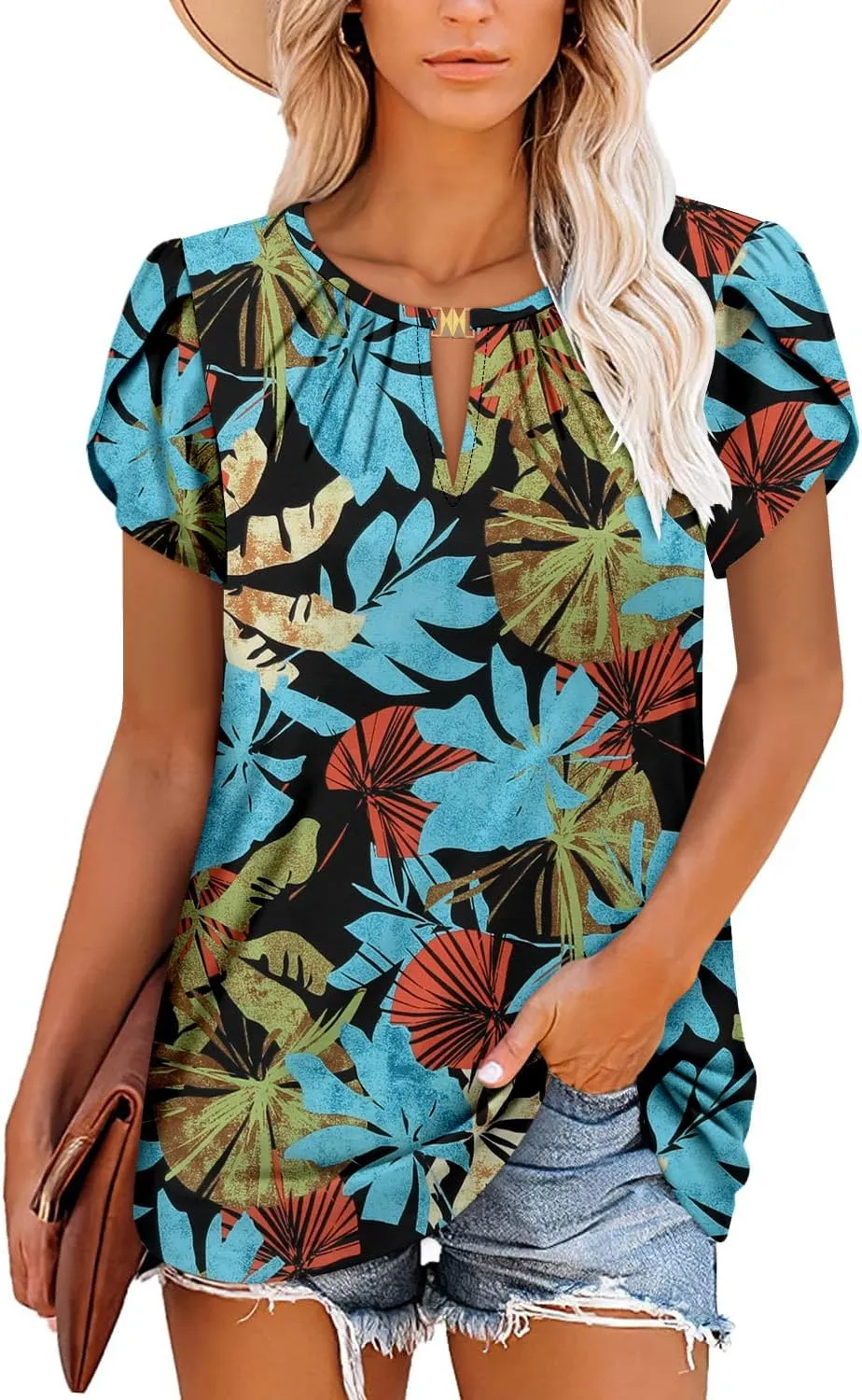 BETTE BOUTIK Womens Crewneck Short Sleeve KeyholeSummer Tunic Tops Pleated Shirts Blouses S-3XL