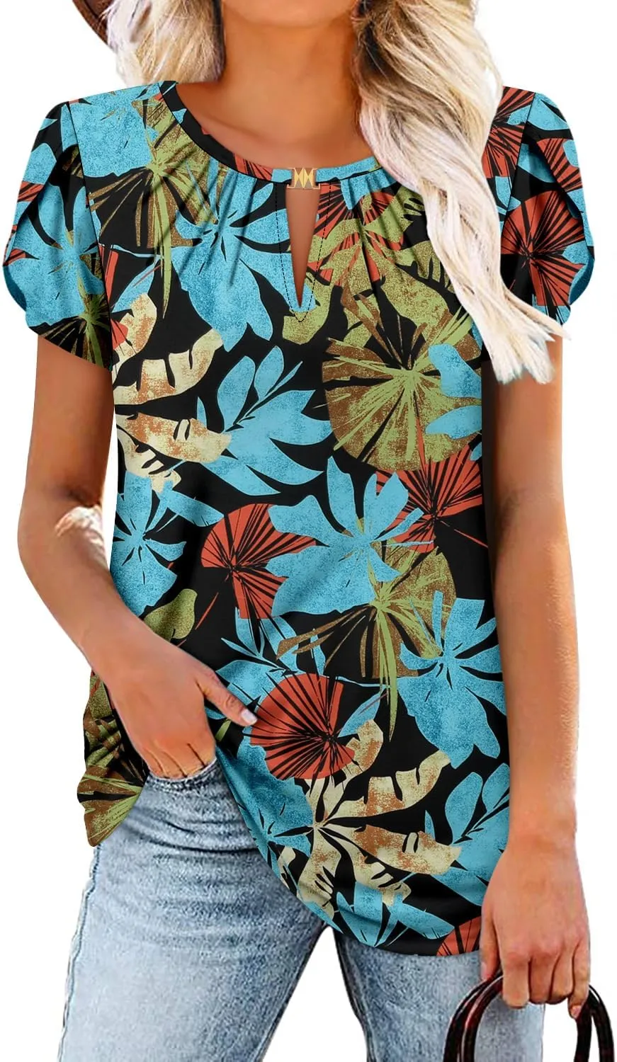 BETTE BOUTIK Womens Crewneck Short Sleeve KeyholeSummer Tunic Tops Pleated Shirts Blouses S-3XL