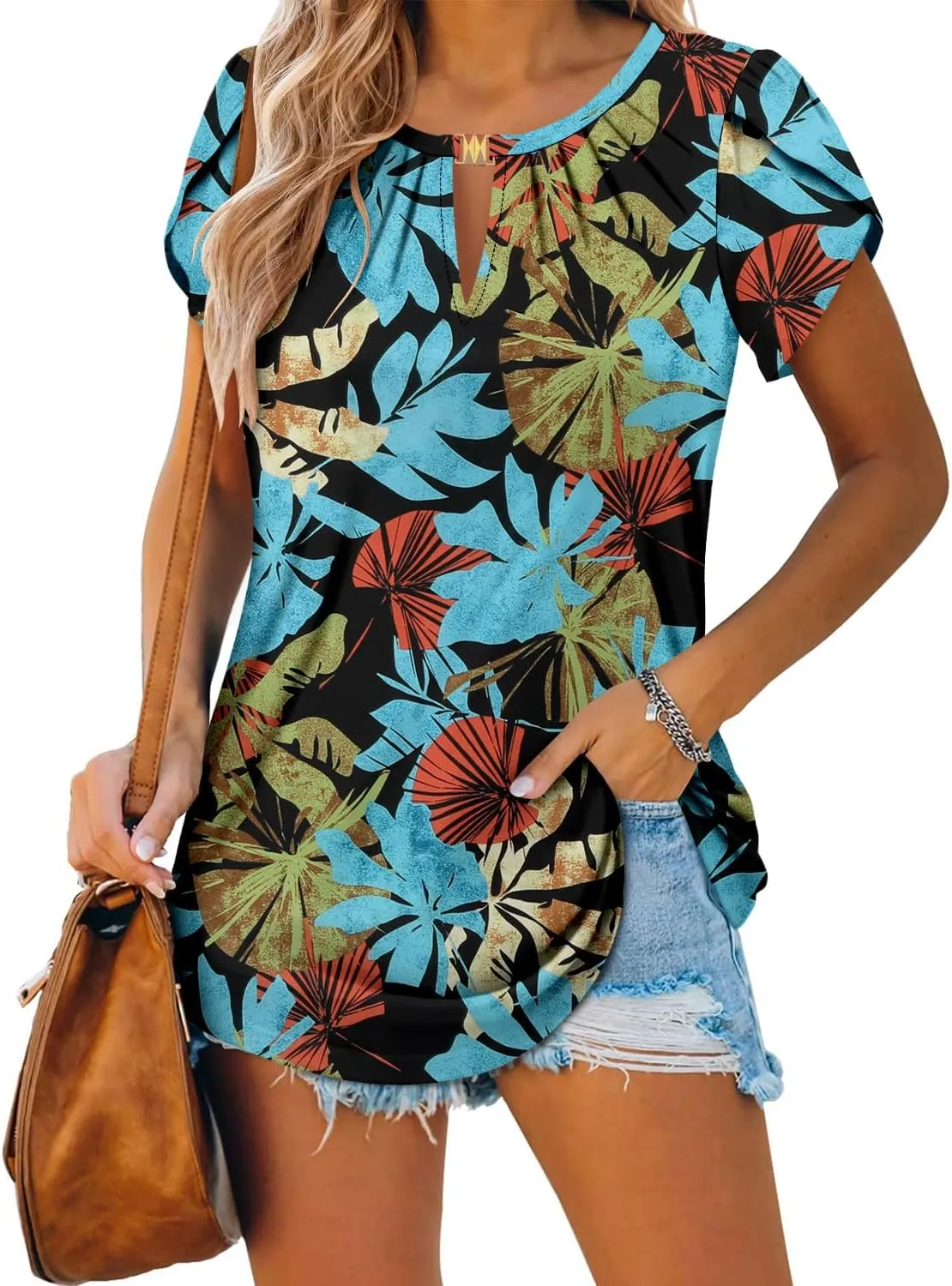BETTE BOUTIK Womens Crewneck Short Sleeve KeyholeSummer Tunic Tops Pleated Shirts Blouses S-3XL