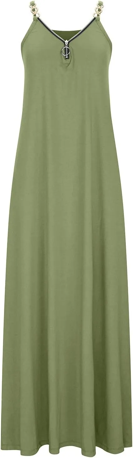 Binmer Summer Sun Dresses for Women 2024 Casual Boho Solid Color Ring Straps Zipper V Neck Beach Long Maxi Dress with Pockets