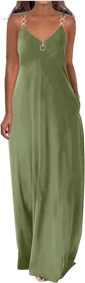 Binmer Summer Sun Dresses for Women 2024 Casual Boho Solid Color Ring Straps Zipper V Neck Beach Long Maxi Dress with Pockets