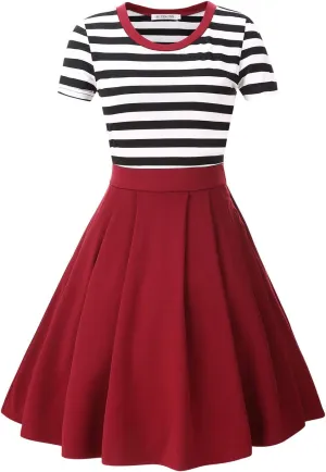 BI.TENCON Women's Striped Pleated Casual A-Line Dresses Knee Length with Pockets
