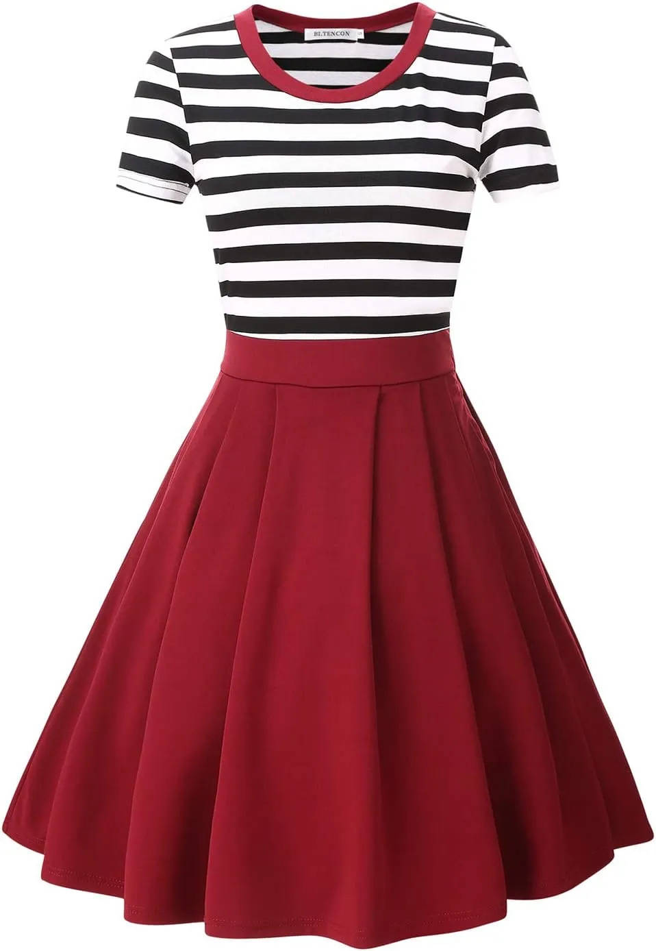 BI.TENCON Women's Striped Pleated Casual A-Line Dresses Knee Length with Pockets