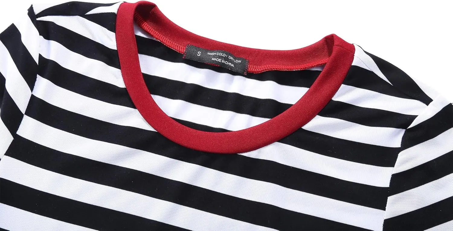 BI.TENCON Women's Striped Pleated Casual A-Line Dresses Knee Length with Pockets