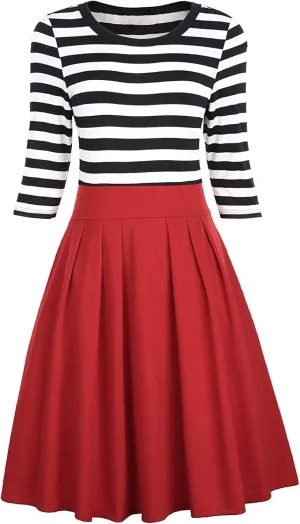 BI.TENCON Women's Striped Pleated Casual A-Line Dresses Knee Length with Pockets
