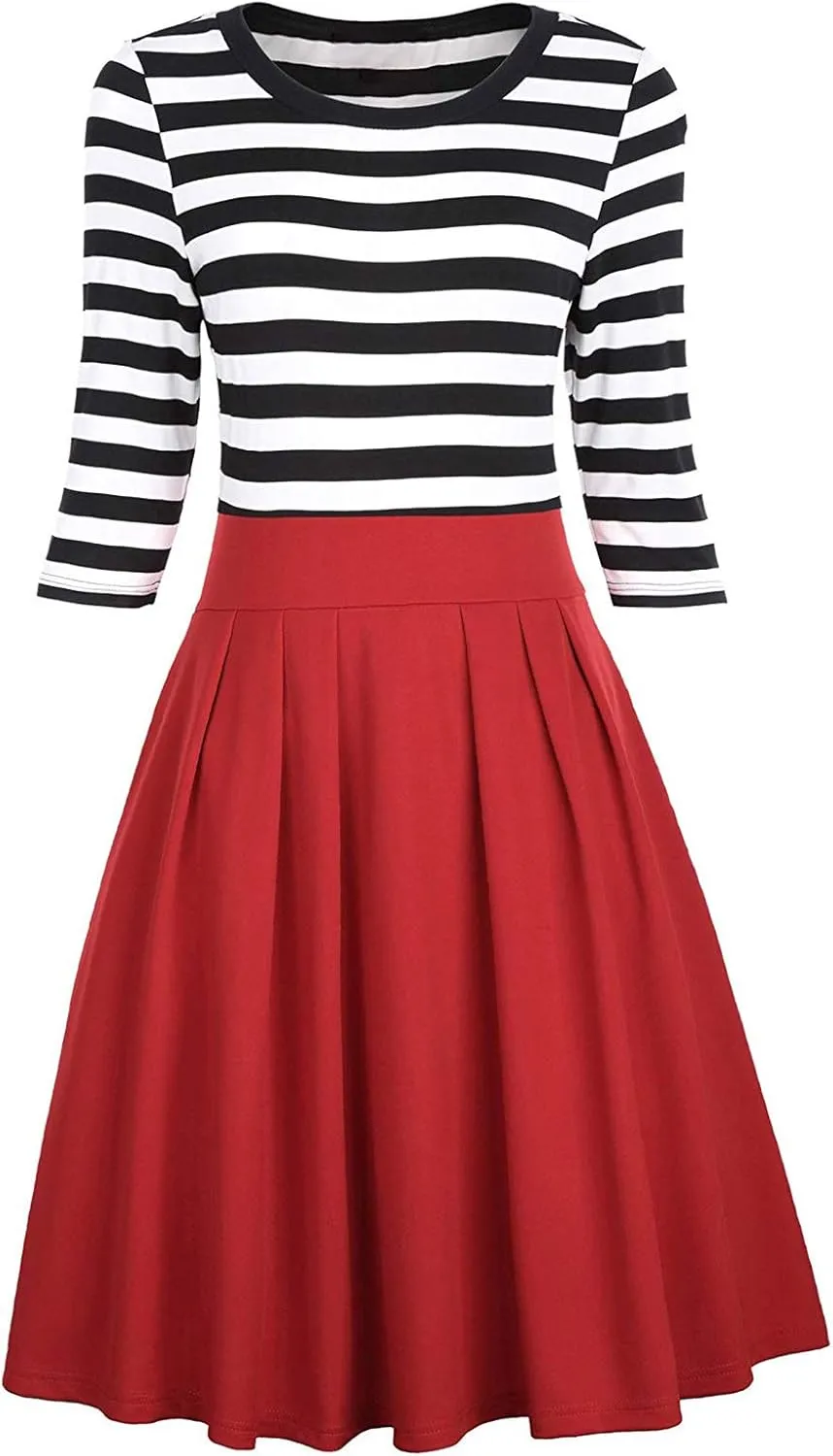 BI.TENCON Women's Striped Pleated Casual A-Line Dresses Knee Length with Pockets