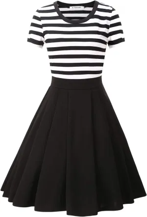 BI.TENCON Women's Striped Pleated Casual A-Line Dresses Knee Length with Pockets