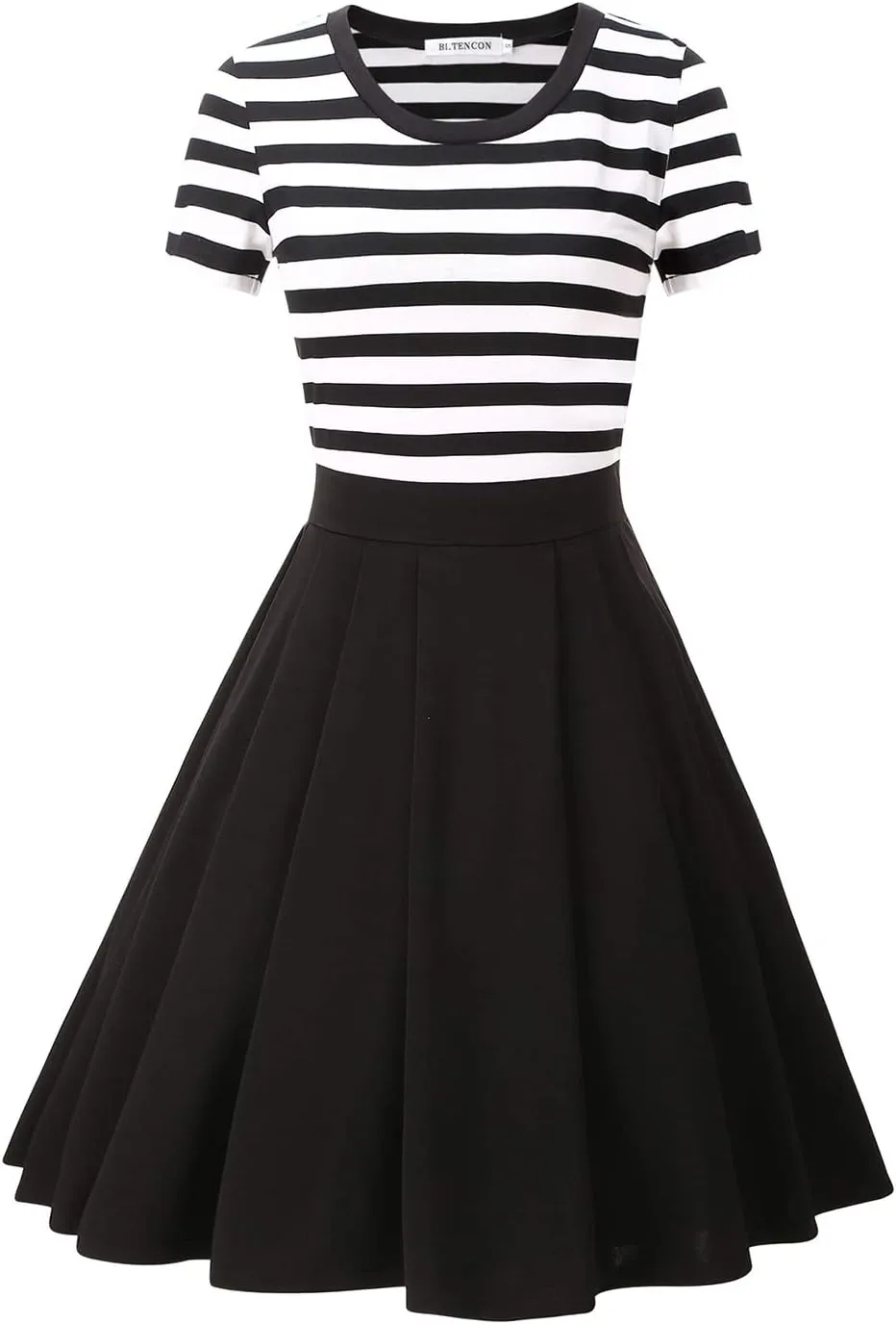 BI.TENCON Women's Striped Pleated Casual A-Line Dresses Knee Length with Pockets