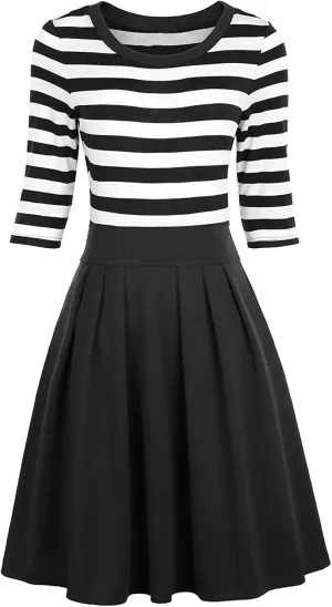 BI.TENCON Women's Striped Pleated Casual A-Line Dresses Knee Length with Pockets