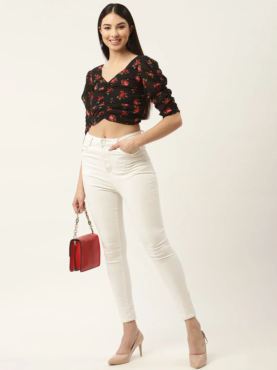 Black & Red Floral Print Georgette Crop Top