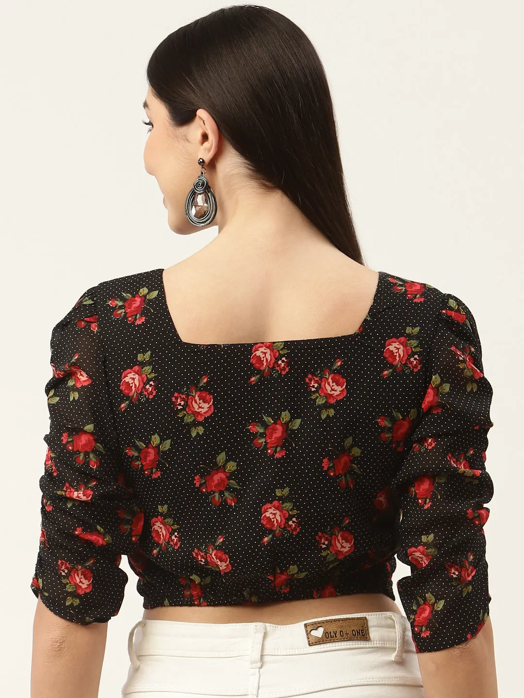 Black & Red Floral Print Georgette Crop Top