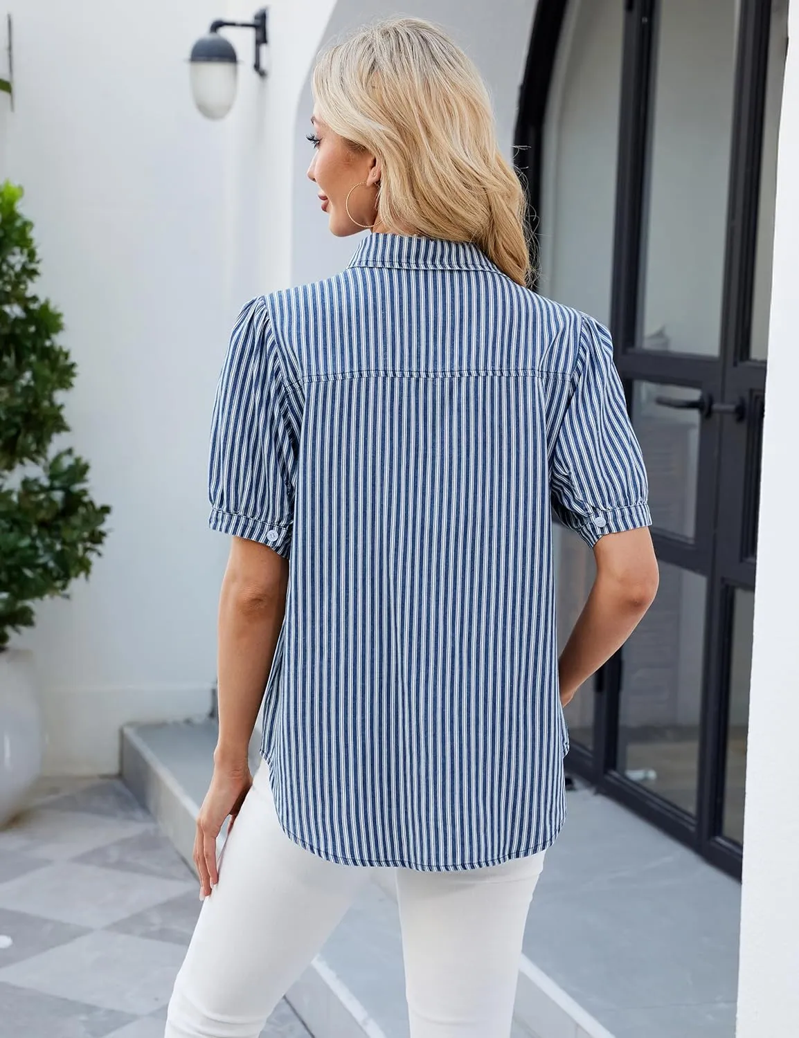 BMJL Womens Denim Shirt Business Casual Button Down Work Blouses Puff Sleeve Summer Tops