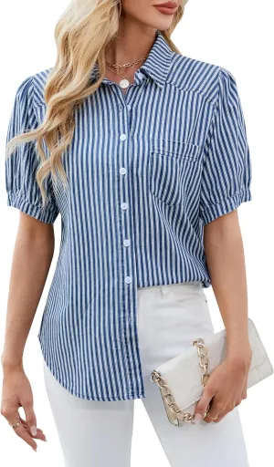 BMJL Womens Denim Shirt Business Casual Button Down Work Blouses Puff Sleeve Summer Tops