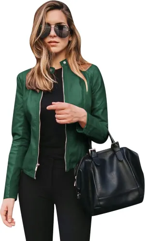 BOFETA Womens Faux Leather Long Sleeve Jackets Quilted Moto Outwear Slim Lapel Coats