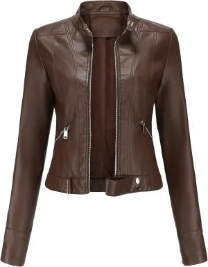 BOFETA Womens Faux Leather Long Sleeve Jackets Quilted Moto Outwear Slim Lapel Coats