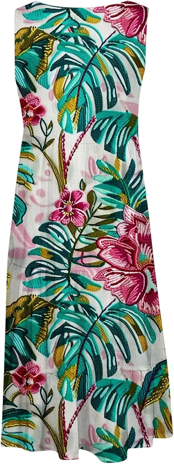 Boho Dresses for Women 2024 Plus Size Hawaii Printed Sleeveless Loose Fit Ruched Sun Dress Knee Length Beach Dress