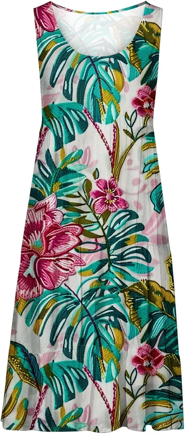 Boho Dresses for Women 2024 Plus Size Hawaii Printed Sleeveless Loose Fit Ruched Sun Dress Knee Length Beach Dress