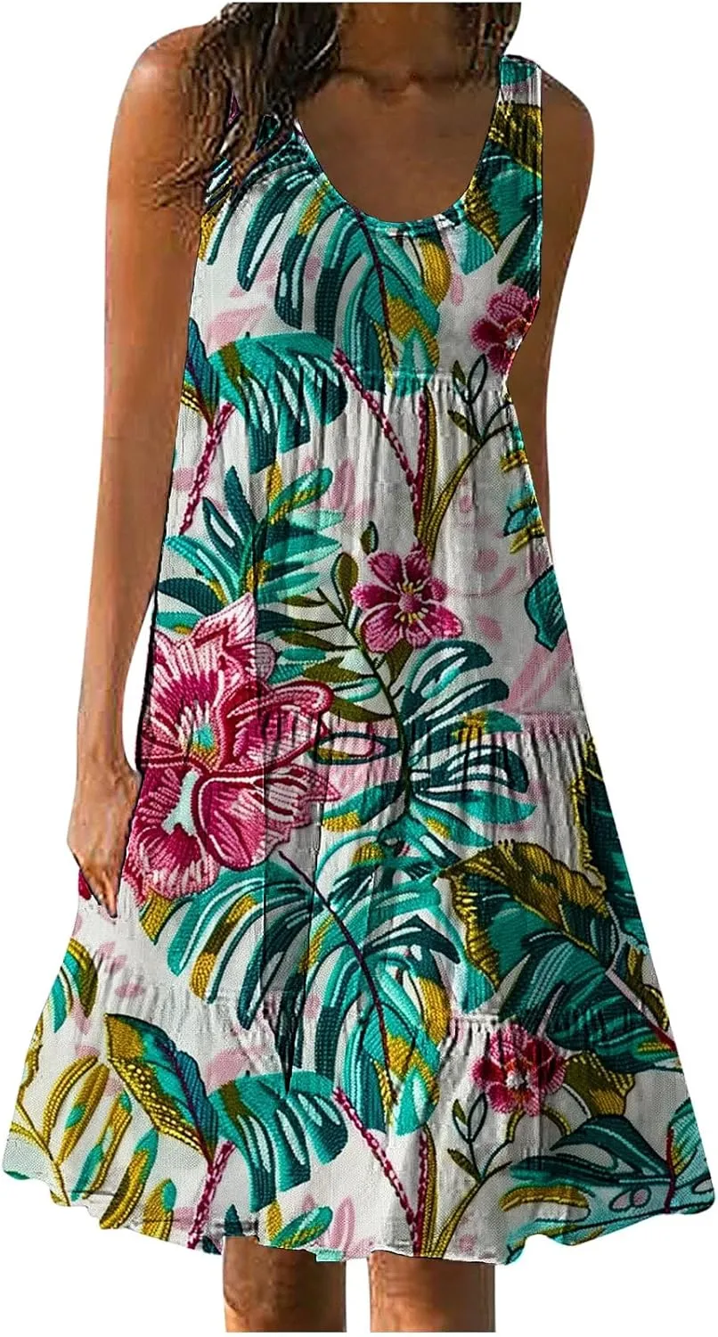 Boho Dresses for Women 2024 Plus Size Hawaii Printed Sleeveless Loose Fit Ruched Sun Dress Knee Length Beach Dress