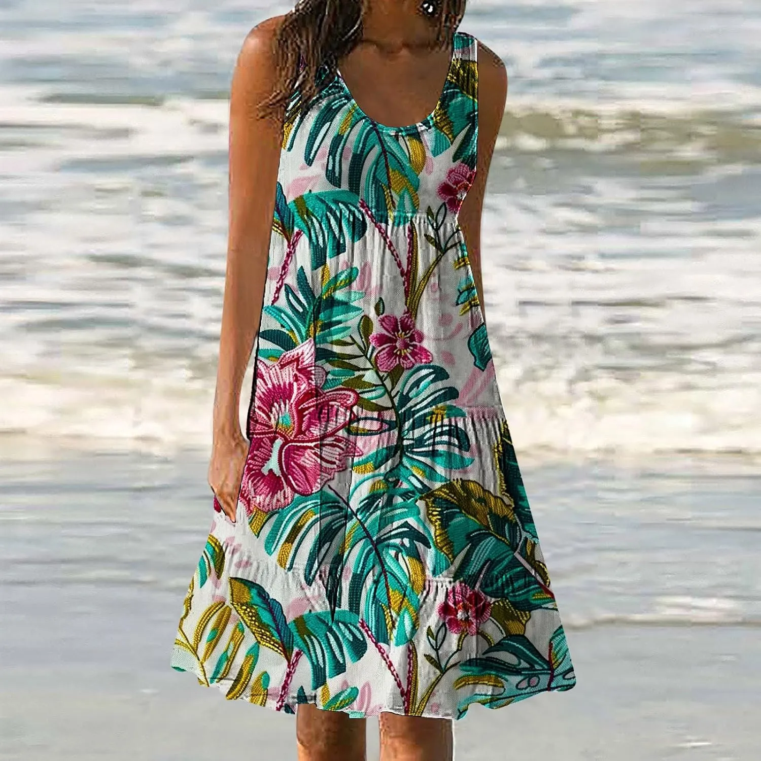 Boho Dresses for Women 2024 Plus Size Hawaii Printed Sleeveless Loose Fit Ruched Sun Dress Knee Length Beach Dress