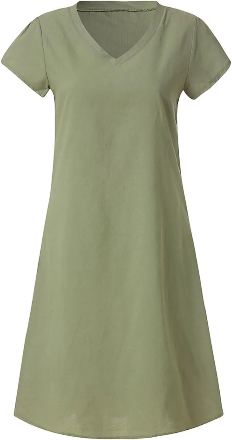 Boho Dresses for Women 2025 Cotton Linen Tshirt Dress Summer Casual Short Sleeve V Neck Midi Beach Dress Plus Size