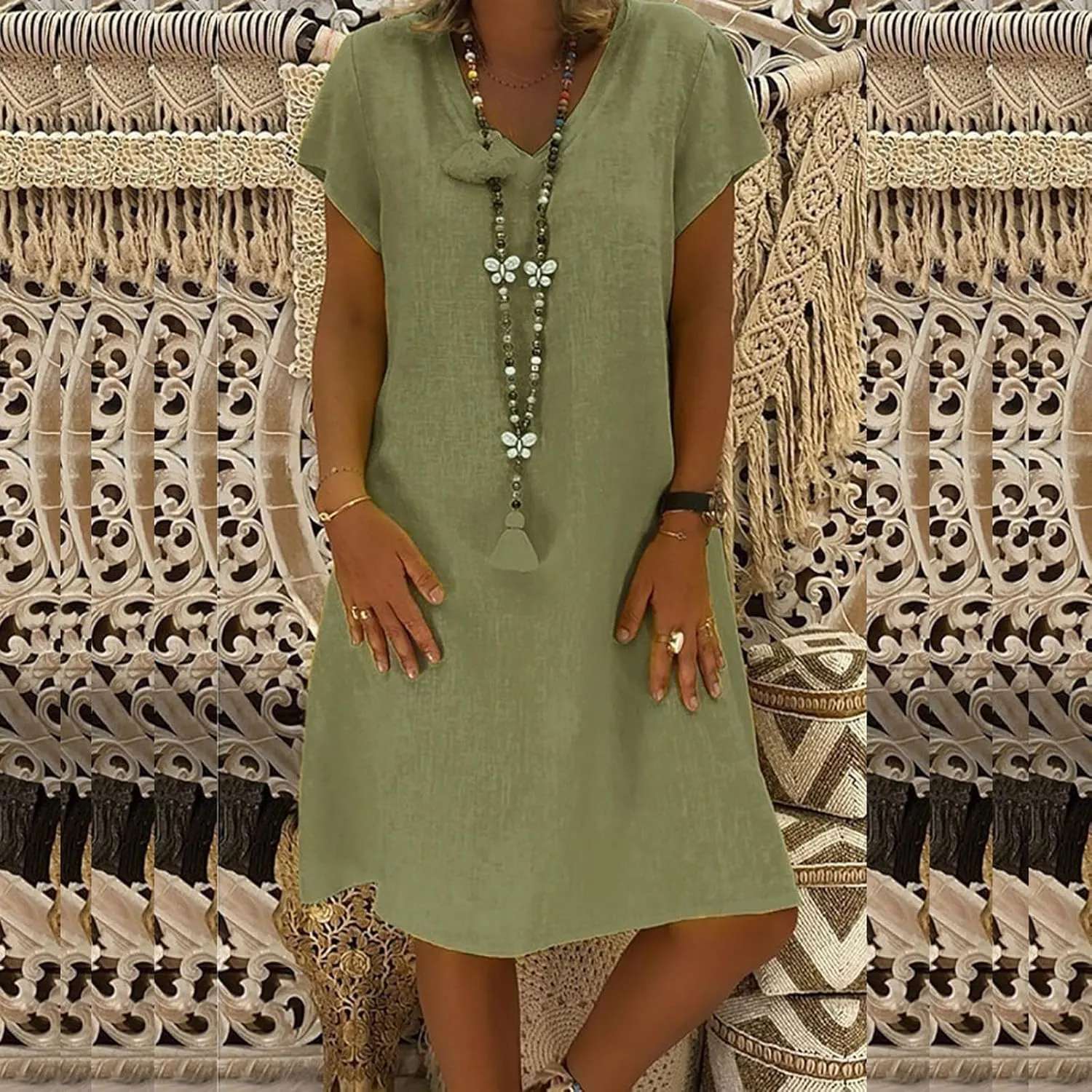 Boho Dresses for Women 2025 Cotton Linen Tshirt Dress Summer Casual Short Sleeve V Neck Midi Beach Dress Plus Size