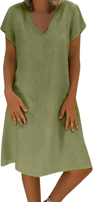 Boho Dresses for Women 2025 Cotton Linen Tshirt Dress Summer Casual Short Sleeve V Neck Midi Beach Dress Plus Size