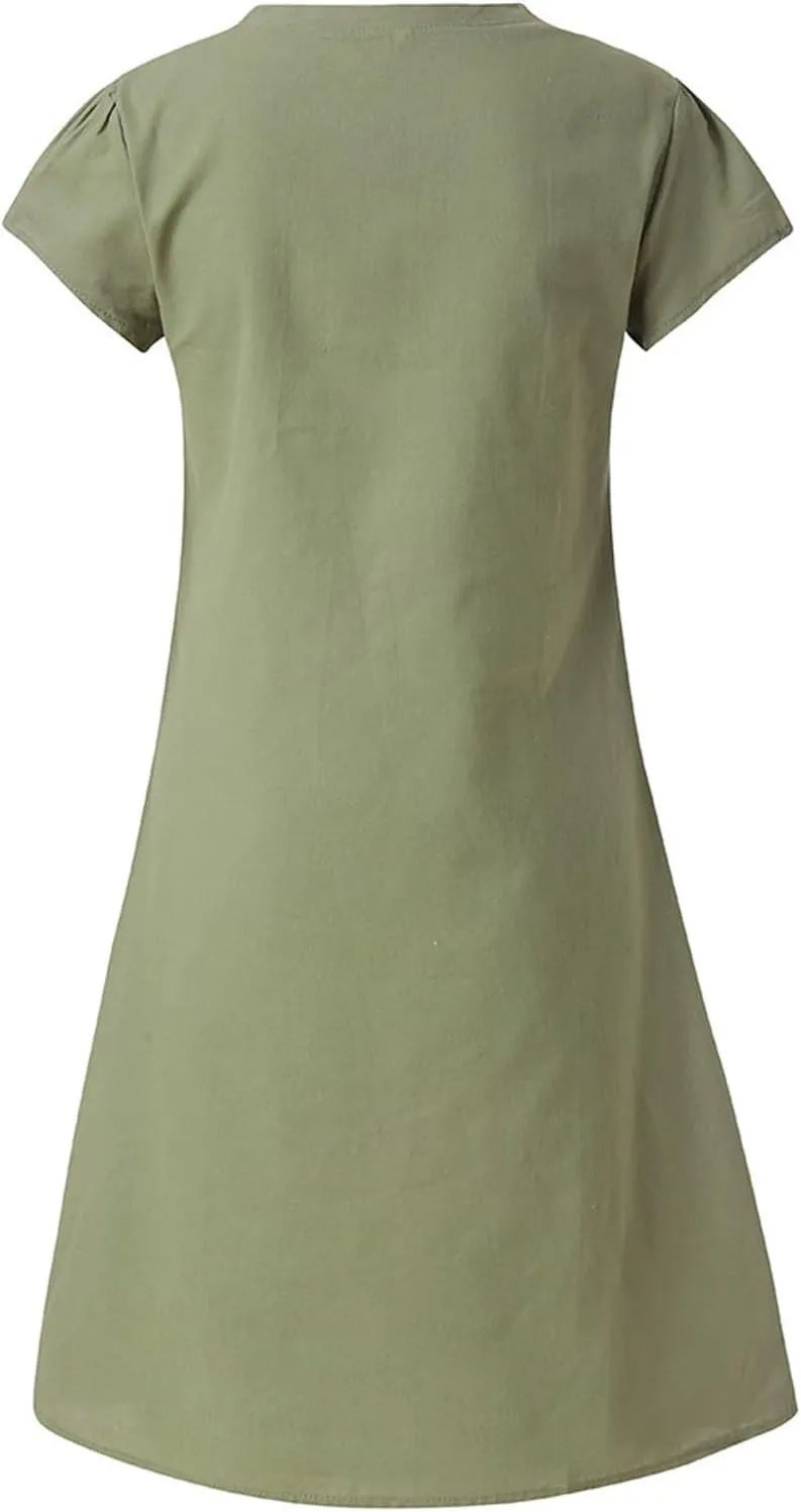 Boho Dresses for Women 2025 Cotton Linen Tshirt Dress Summer Casual Short Sleeve V Neck Midi Beach Dress Plus Size
