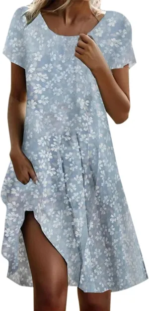 Boho Midi Dresses for Women 2025 Summer Plus Size Floral Print Short Sleeve Dresses Casual Beach Vacation Clothes Sundress
