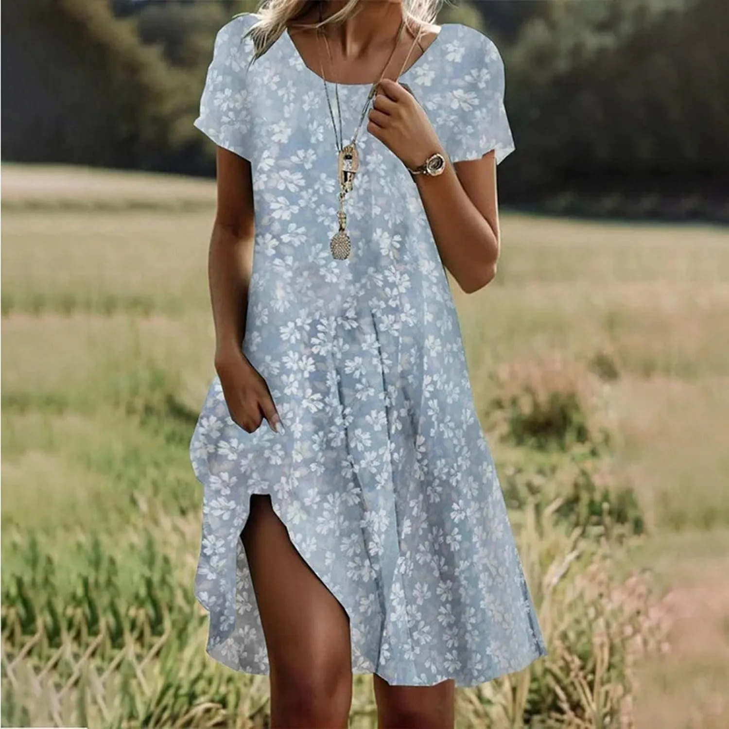Boho Midi Dresses for Women 2025 Summer Plus Size Floral Print Short Sleeve Dresses Casual Beach Vacation Clothes Sundress