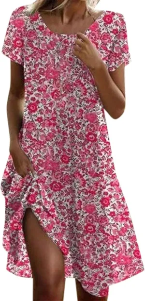 Boho Midi Dresses for Women 2025 Summer Plus Size Floral Print Short Sleeve Dresses Casual Beach Vacation Clothes Sundress