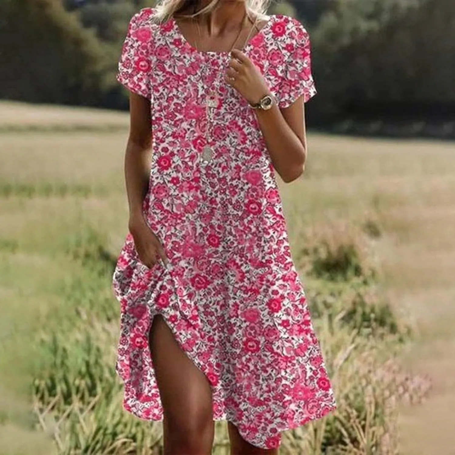 Boho Midi Dresses for Women 2025 Summer Plus Size Floral Print Short Sleeve Dresses Casual Beach Vacation Clothes Sundress