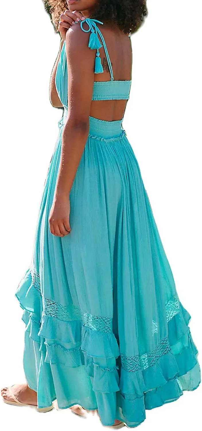 Boho Tie Shoulder Long Dress for Women Sleeveless Ruffle Tiered Maxi Dresses Backless Summer Smocked Beach Sundress