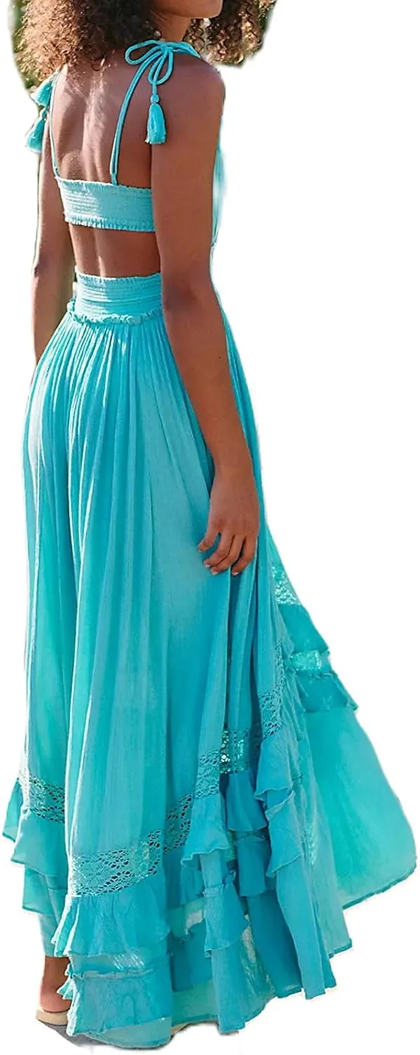 Boho Tie Shoulder Long Dress for Women Sleeveless Ruffle Tiered Maxi Dresses Backless Summer Smocked Beach Sundress