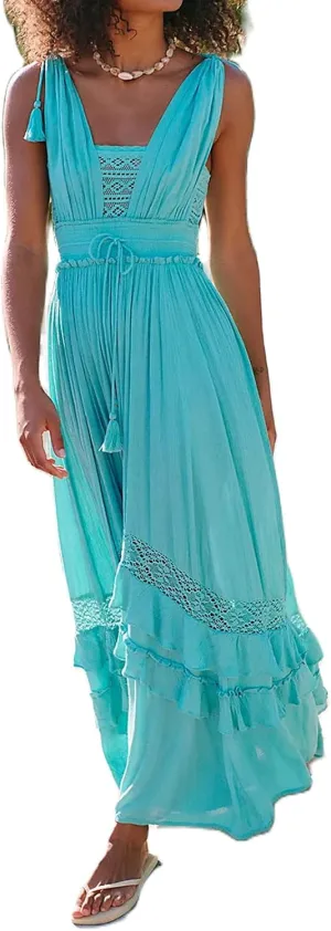Boho Tie Shoulder Long Dress for Women Sleeveless Ruffle Tiered Maxi Dresses Backless Summer Smocked Beach Sundress