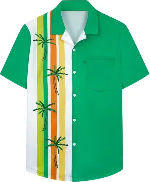 Bowling Shirts for Men Short Sleeve Hawaiian Button Down Shirts 1950s Vintage Beach Casual Shirt with Pocket