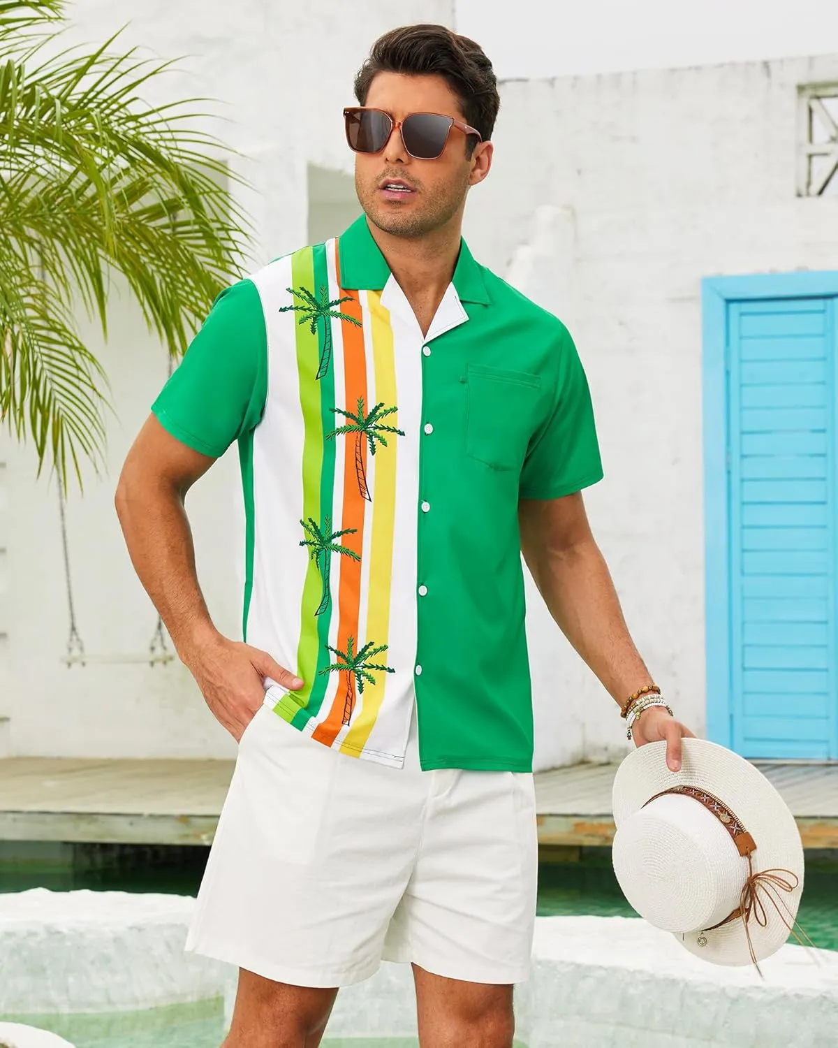 Bowling Shirts for Men Short Sleeve Hawaiian Button Down Shirts 1950s Vintage Beach Casual Shirt with Pocket