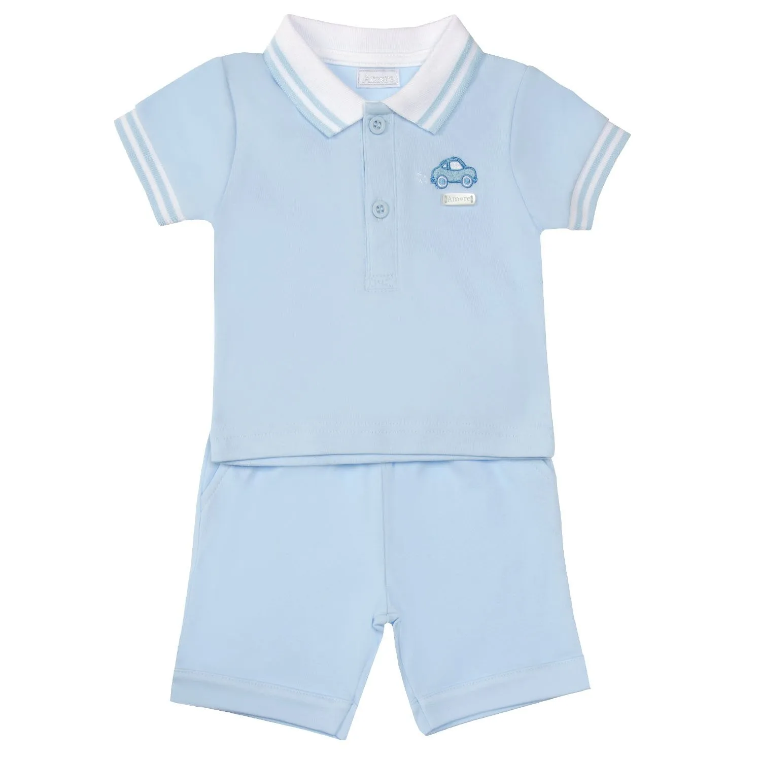 Boys Blue Polo Shirt & Shorts Set With Toy Car Detail