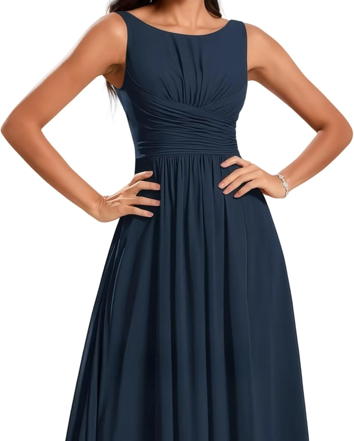 Bridesmaid Dresses Round Neck with Slit Long for Women A Line Ruched Formal Chiffon Evening Gowns