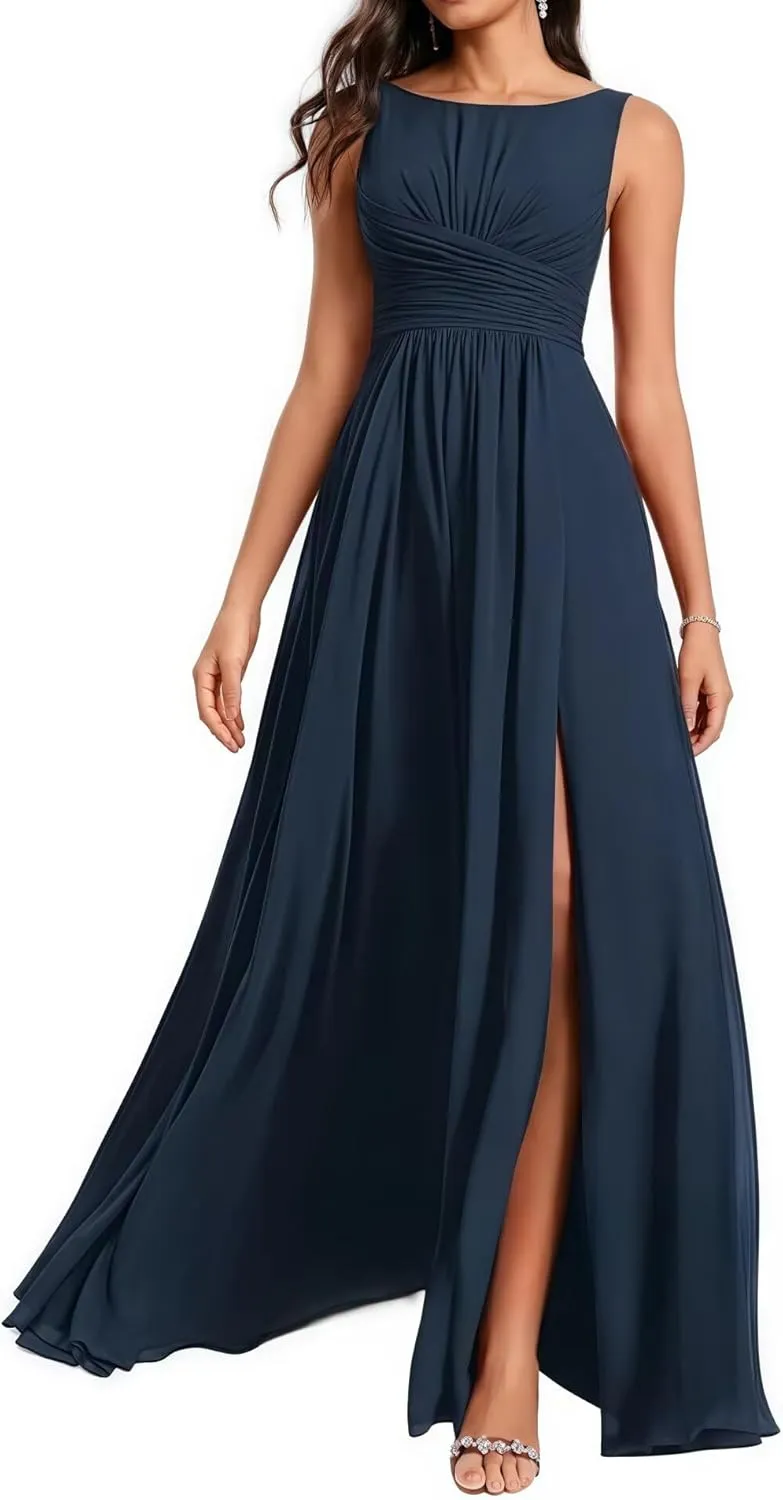 Bridesmaid Dresses Round Neck with Slit Long for Women A Line Ruched Formal Chiffon Evening Gowns