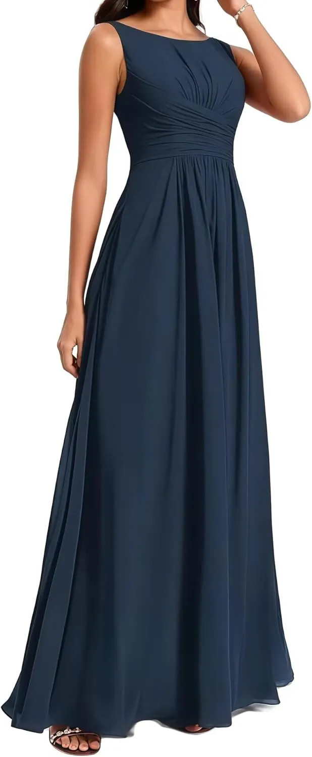 Bridesmaid Dresses Round Neck with Slit Long for Women A Line Ruched Formal Chiffon Evening Gowns