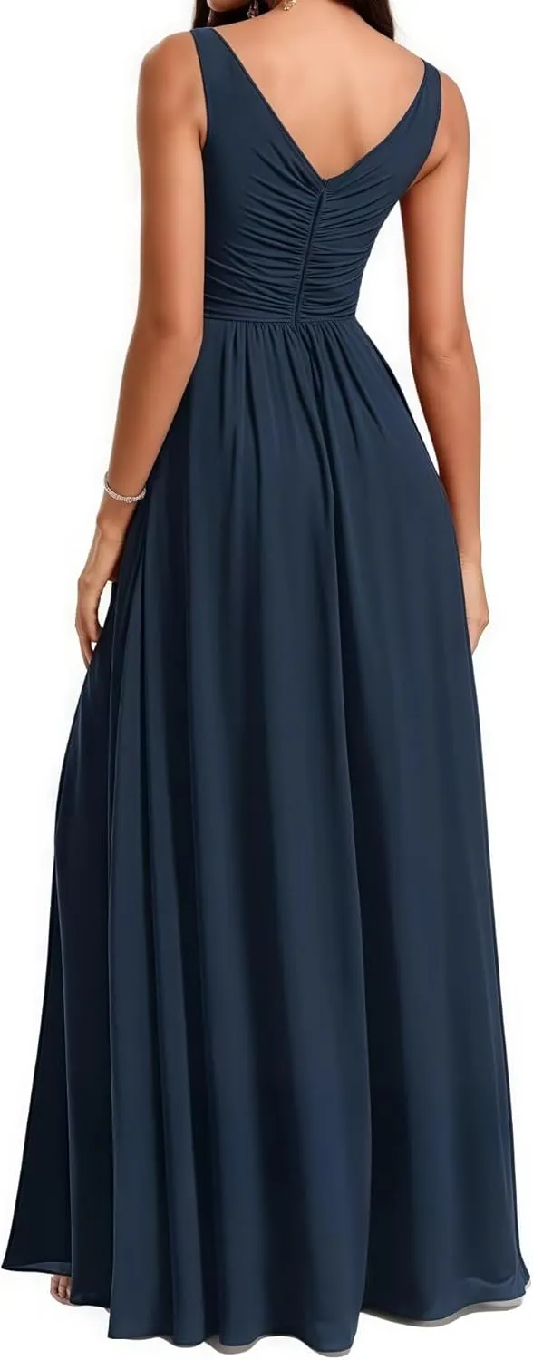 Bridesmaid Dresses Round Neck with Slit Long for Women A Line Ruched Formal Chiffon Evening Gowns